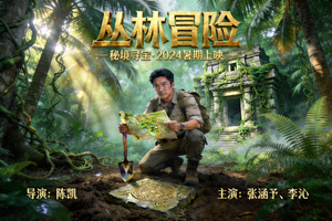 电影《丛林冒险》海报，探险家在热带雨林中寻找宝藏