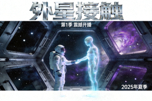 科幻剧《外星接触》海报，宇航员在太空站与外星生命交流